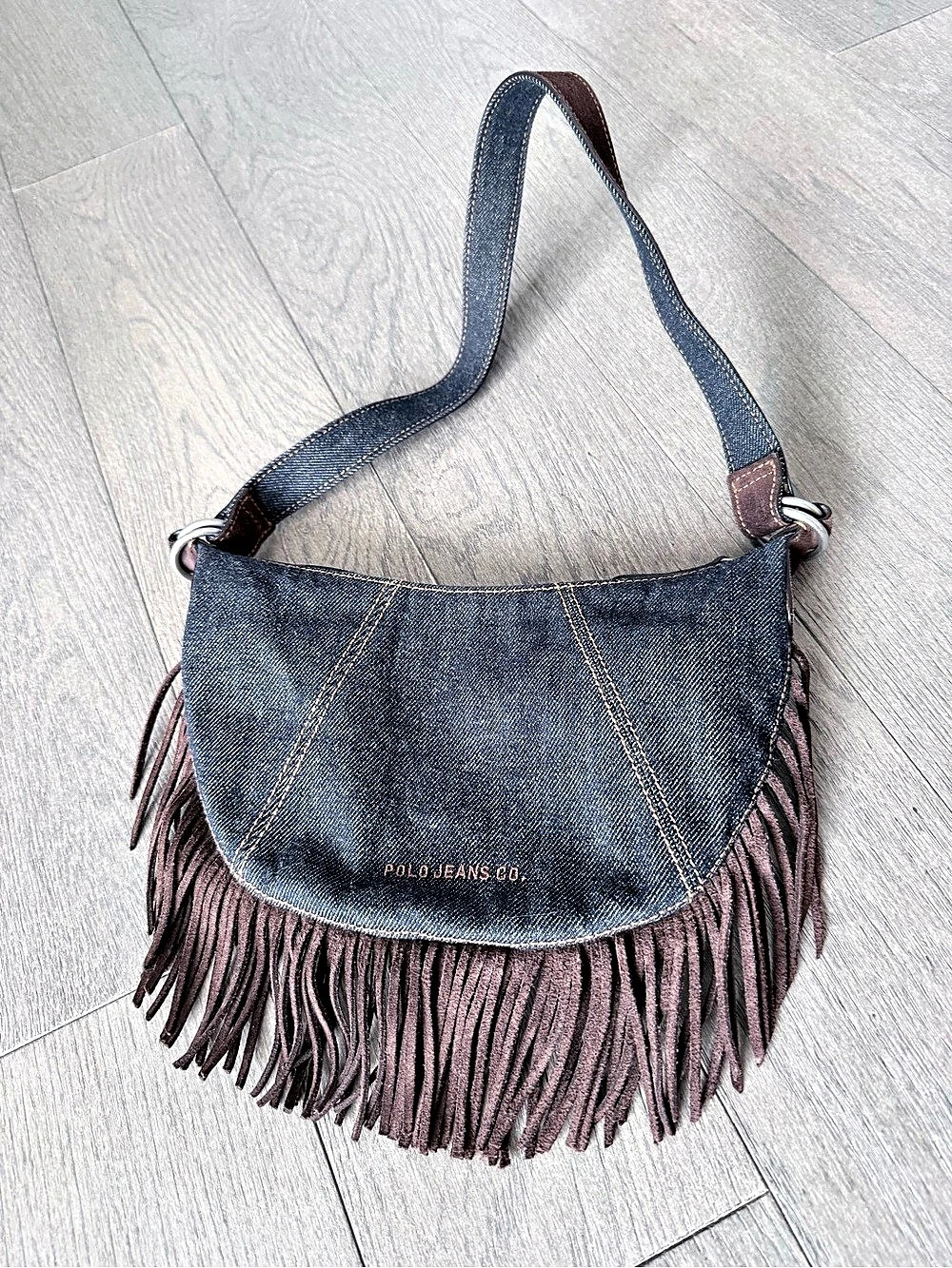 Ralph Lauren Fringe Denim Shoulder Bag in Blue & Brown Like New